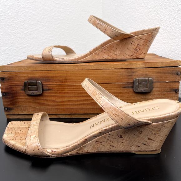 Stuart Weitzman Cork Wedge Sandals 9.5 Women’s Slip-On Strappy Nude Summer Heel - Picture 6 of 10